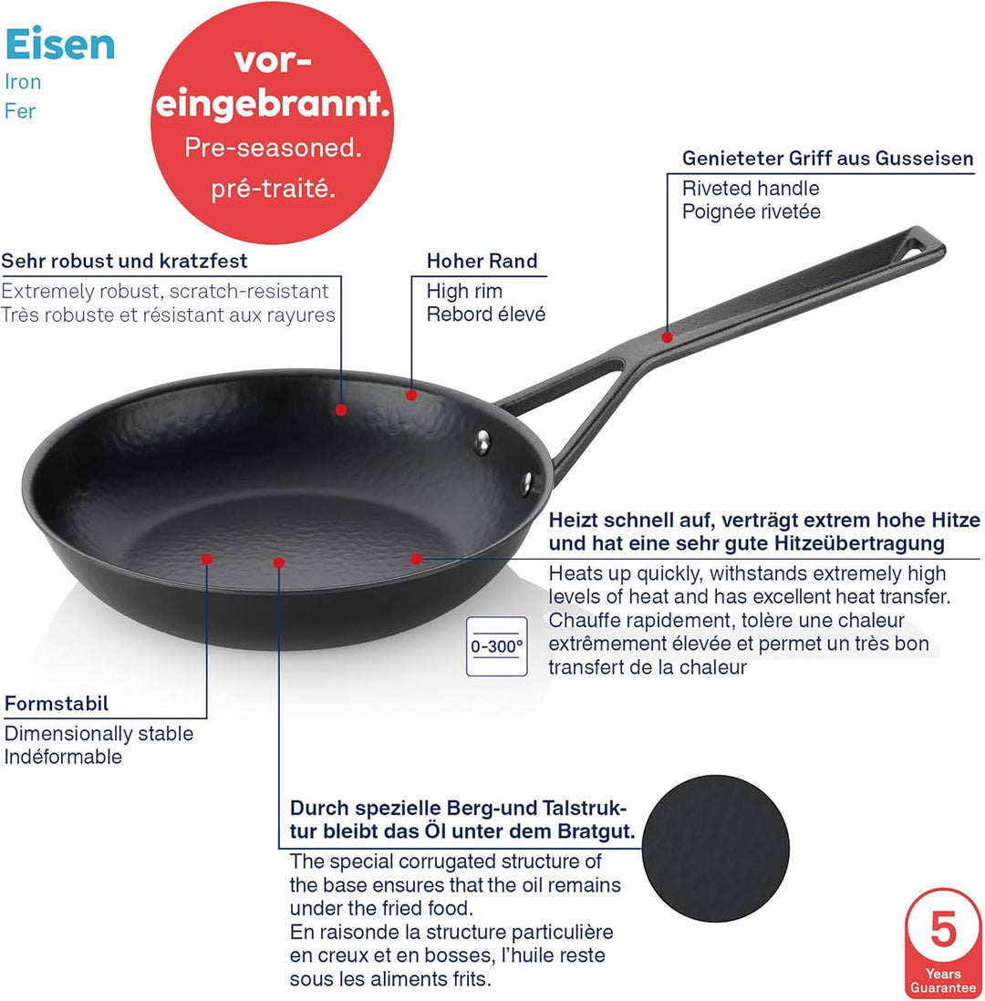 kela 12600 Bratpfanne aus Eisen, Voreingebrannte Eisenpfanne, Induktionsgeeignet, Ø 20 cm, Schwarz,