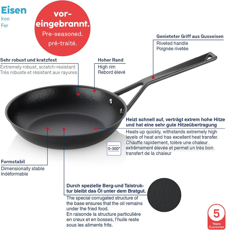 kela 12600 Bratpfanne aus Eisen, Voreingebrannte Eisenpfanne, Induktionsgeeignet, Ø 20 cm, Schwarz,