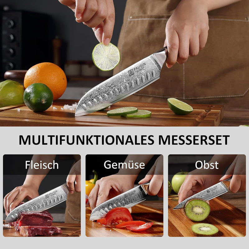 PAUDIN Damastmesser set, Messerset 3-teilig, Damast Küchenmesserset mit Ultra Scharfes Santokumesser