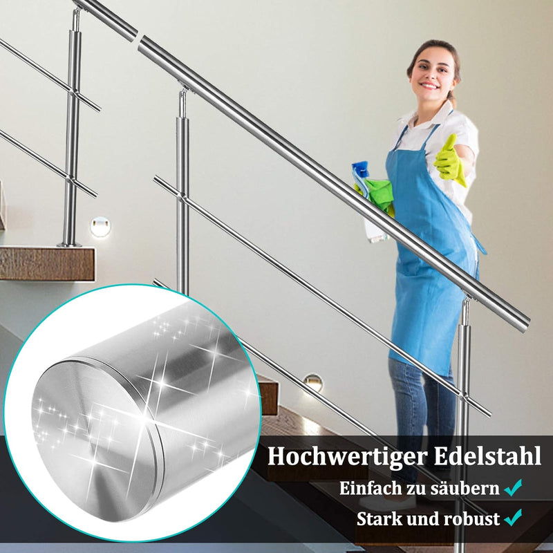 Aufun Edelstahl Handlauf 150cm Treppengeländer Innen und Aussen mit 2 Pfosten für Treppen, Brüstung,