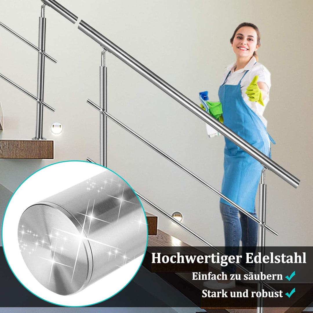 NAIZY Edelstahl-Handlauf Geländer Treppengeländer mit 2 Pfosten für Balkon Treppen Innen und Aussen