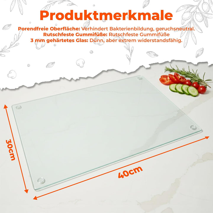 Glas Schneidebrett | 30 x 40 cm | Schneidebrett Glas für die Küche | Hygienisches Schneidebrett aus