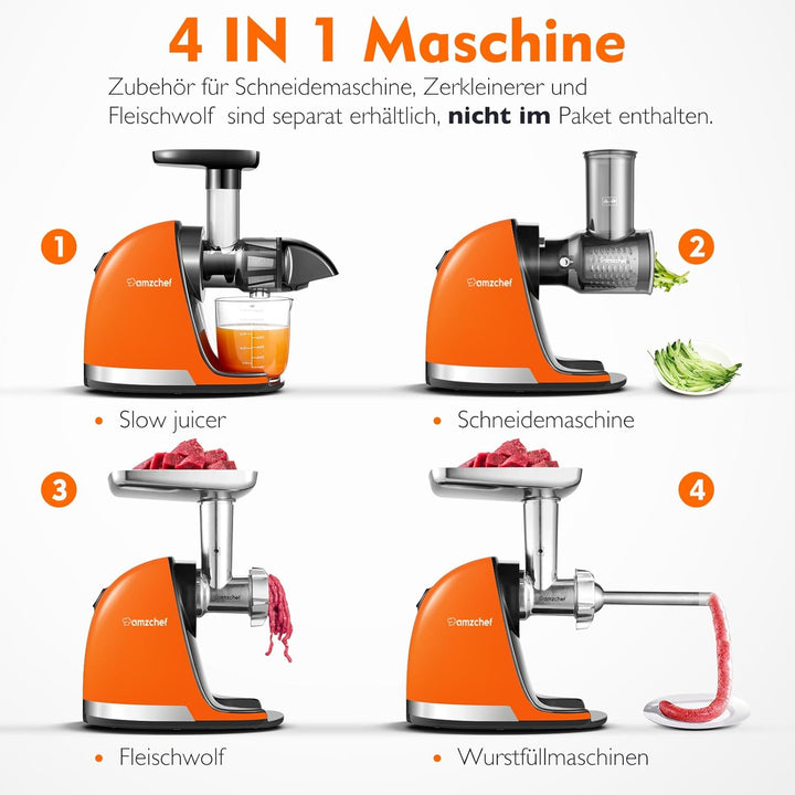 AMZCHEF Entsafter Gemüse und Obst Testsieger - Entsafter Slow Juicer mit Rückwärts-Kau-Funktion - Za