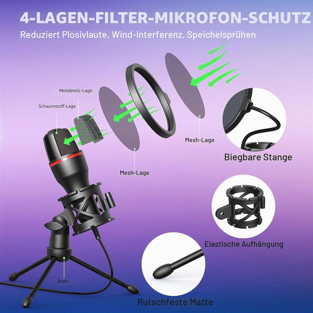 Hoppac USB Mikrofon PC Gaming Mikrofon mit Ständer & Popfilter, Nierencharakteristik Kondensator Mic