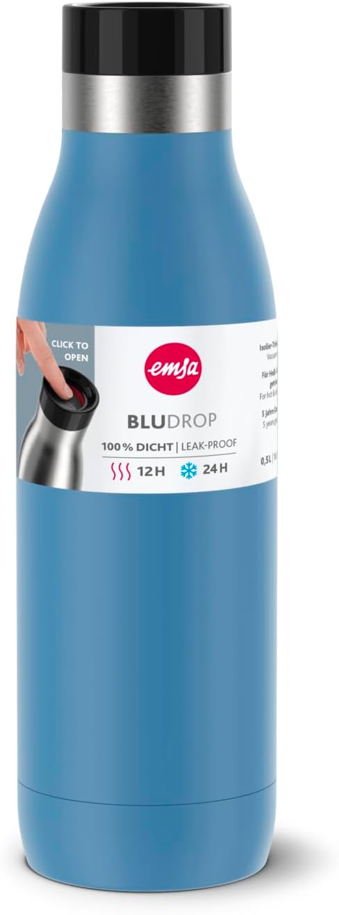 Emsa Bludrop Isolier-Trinkflasche, 0,5 Liter, 100% dicht, Quick-Press Verschluss, Ergonomischer 360°