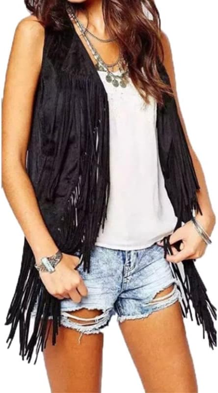 Reoyloep Frauen Hippie Weste ärmellose Jacke Fransen Faux Wildleder Vintage Quasten Cardigan XL Khak