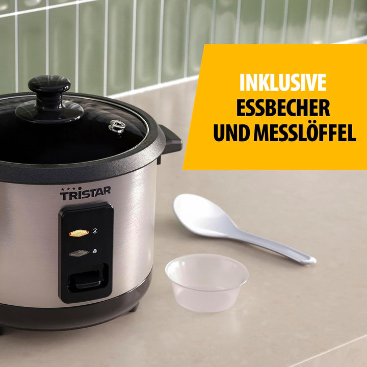 Tristar Reiskocher, 1 L Kapazität für bis zu 5 Portionen, Edelstahlgehäuse, Antihaft-Innentopf, Damp
