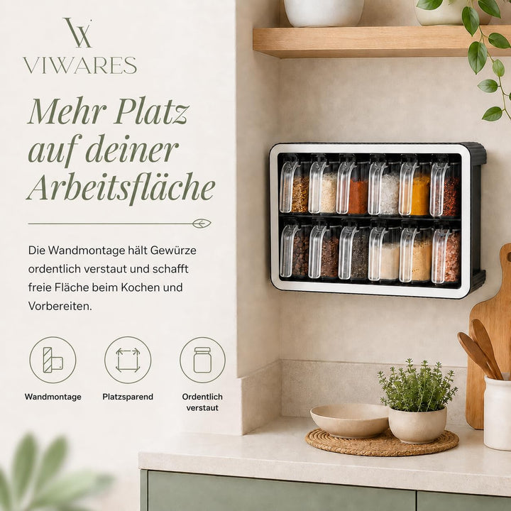 Gewürzdosen 12er Set mit Wandhalterung und Löffeln, Luftdicht, BPA-frei, Transparent, Gewürzdosen fü