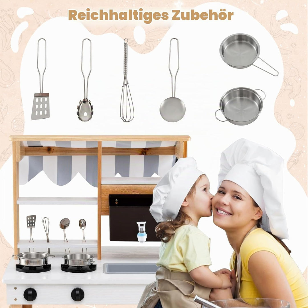 DREAMADE Matschküche Kinder Outdoor, Kinderküche aus Tannenholz mit Dach, Wassertank, Wasserhahn, Sp