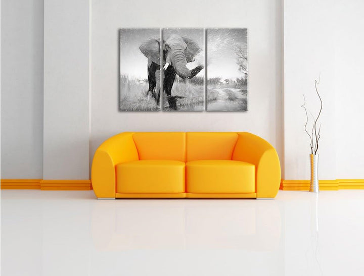 Pixxprint Elefant spritzt mit Wasser als Leinwandbild/Grösse: 3 Teilig (120x80 cm) cm/Wandbild/Kunst