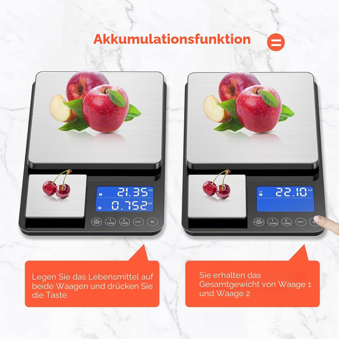 Küchenwaage Digital 15 kg / 0,01 g, Hochpräzise Zweibereichs Waage Küche mit Addierfunktion, Tara-Fu