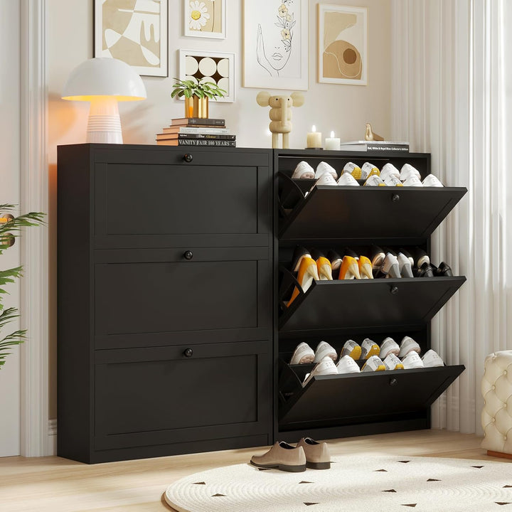 VOWNER Schuhschrank mit 3 Klappen, Schuhregal Schuhkipper Schmal, Schuhschrank Schwarz, mit 6 Fächer