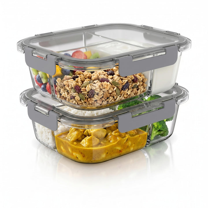 Arendo - Lunchboxen Glas - 3 Fächer - Frischhaltedosen für Lebensmittel mit Deckel luftdicht - 2er S