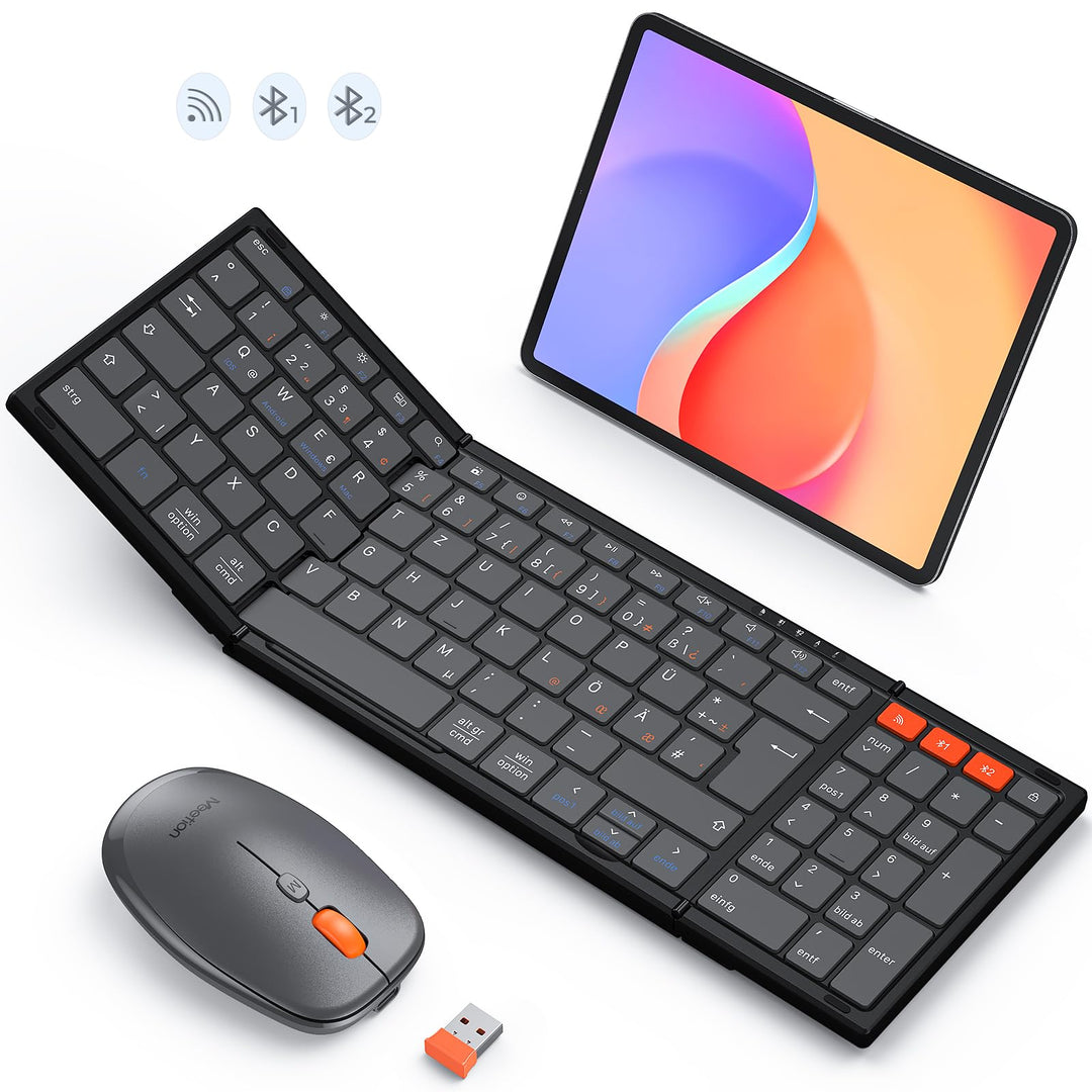 MEETION Faltbare Bluetooth Tastatur Maus Set Kabellose, QWERTZ Deutsches Layout Falten Funktastatur