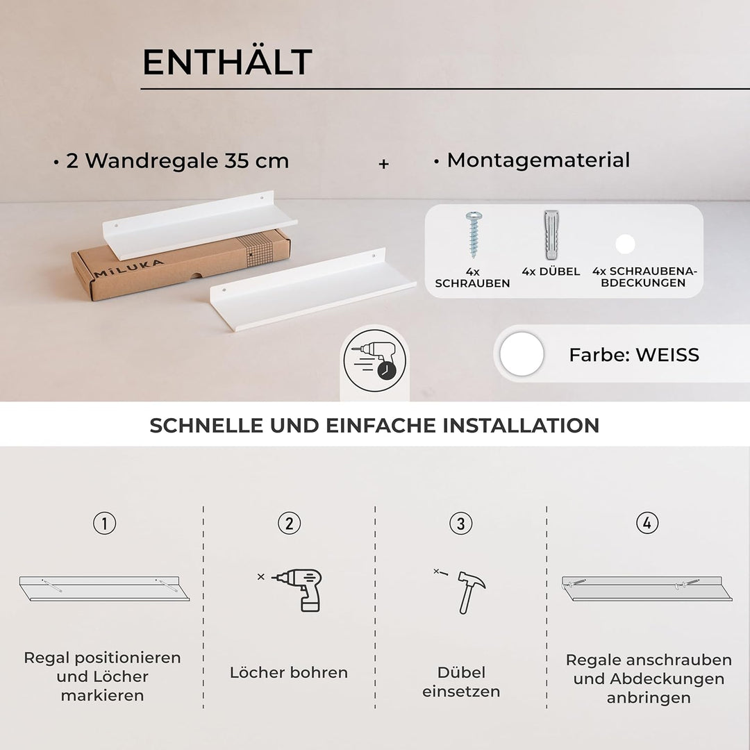 Wandregal Weiss Aus Metall | 2er Set Schweberegale Weiss 35x10 cm | Kleines Wandregal Küche | Badezi