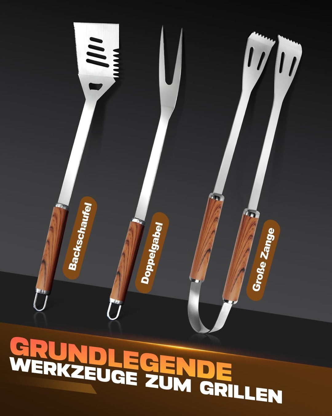 Grillbesteck Set, 3-teilig Edelstahl Grill Zubehör mit Tragetasche, Umfassendes Grillbesteck für das