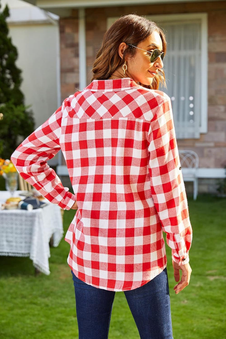 UNibelle Damen Karierte Hemd Langarm Trachtenbluse Oktoberfest Bluse Karo Hemdjacke Baumwolle Hemdbl