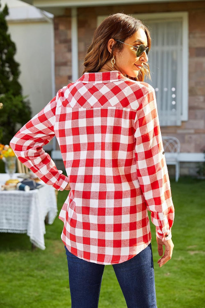 UNibelle Damen Karierte Hemd Langarm Trachtenbluse Oktoberfest Bluse Karo Hemdjacke Baumwolle Hemdbl