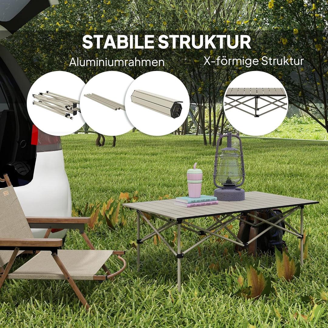 Outsunny Campingtisch Klapptisch mit Aufrollbare Tischplatte X-Rahmen Gartentisch aus Aluminium leic