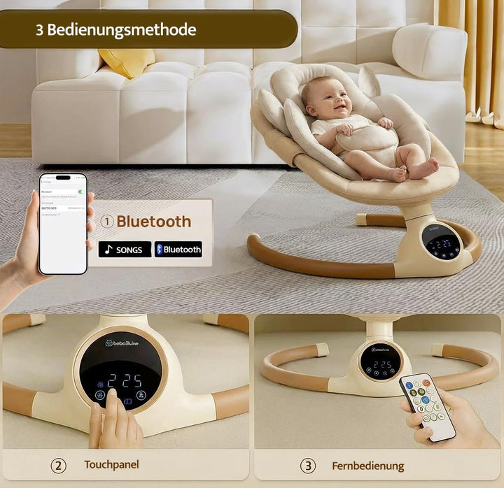 BEBE2LUXE Alpha Babywippe, Elektrische Babyschaukel mit Musik, Nutzbar ab der Geburt bis ca. 6 Monat