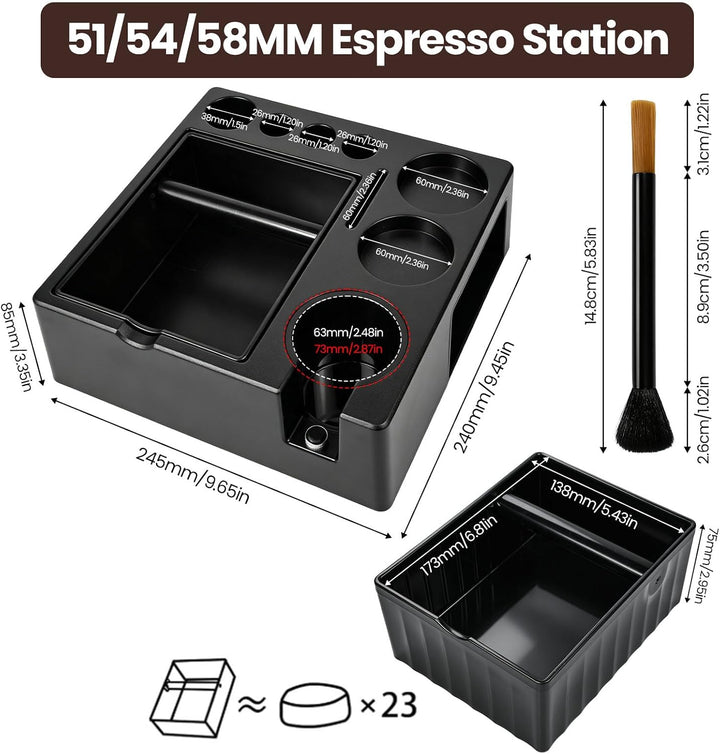 Espresso Tamperstation 51-54-58mm Tamperstation mit Abklopfbehälter 8-in-1 Coffee Tamping Station Sc