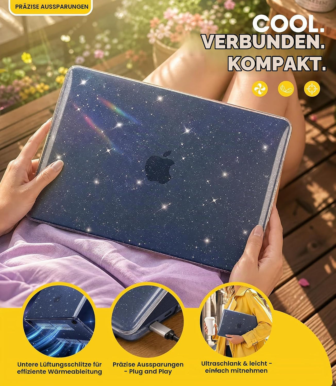 NEWZEROL Hülle + 3 Stück Schutzfolie Kompatibel für MacBook Neo, Glitzer Hülle + Gehärtetes Glas + T
