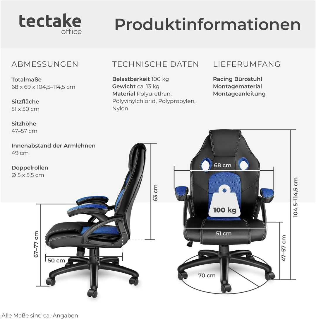 tectake® Racing Bürostuhl, Gaming Stuhl mit Wippfunktion, Chefsessel, Drehstuhl mit Rollen, höhenver