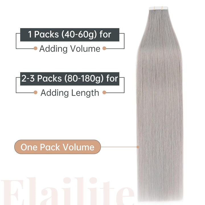 Elailite Extensions Echthaar Tape Grau, 20 Stück 30g Unsichtbar Kleber Haarverlängerungen Glattes 50