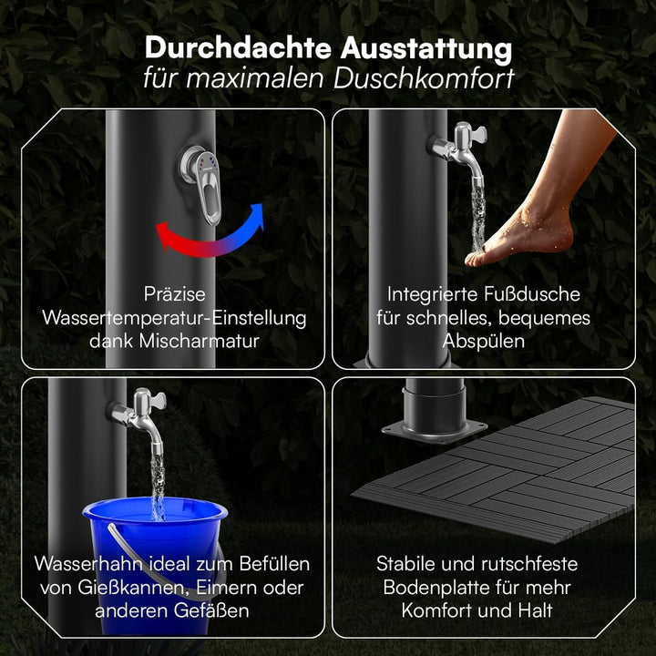 STEELSØN Velion Solardusche Garten 20 L – Solar Gartendusche mit Bodenplatte – Aussendusche schwarz