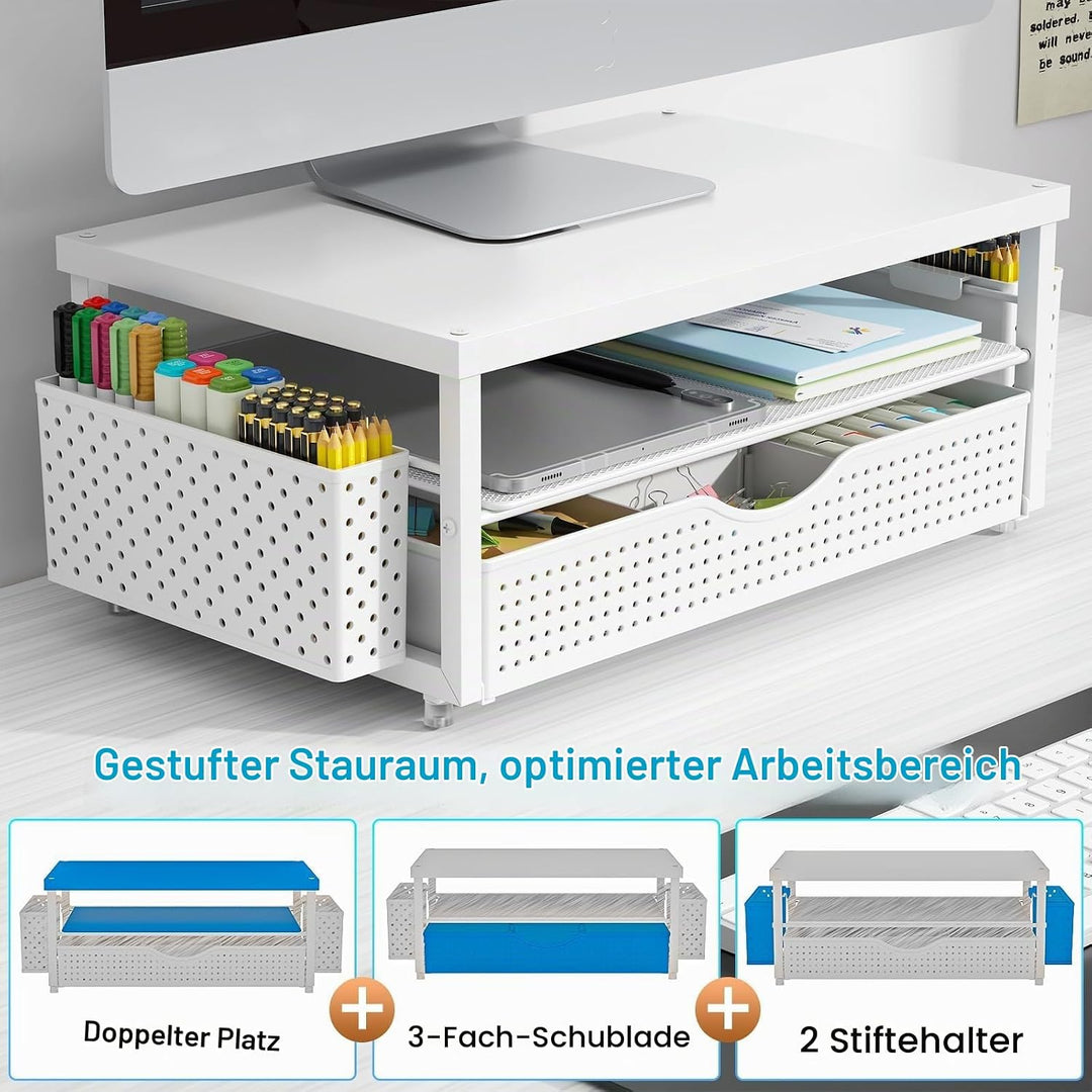 Monitorständer mit Schublade, Schreibtischorganizer und Zubehör, 2-stufiger Computer Monitor Erhöhun