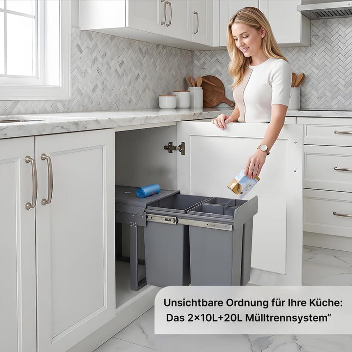Einbaumülleimer ausziehbar Mülltrennsystem, Stahlrahmen, 20L+2x10L Grau 20L+2x10L, Grau 20L+2x10L
