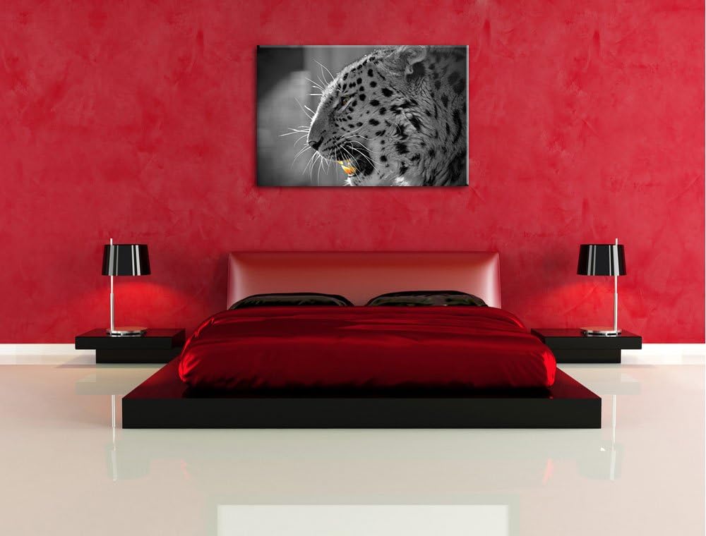 brüllender Leopard schwarz/weiss auf Leinwand, XXL riesige Bilder fertig gerahmt mit Keilrahmen, Kun