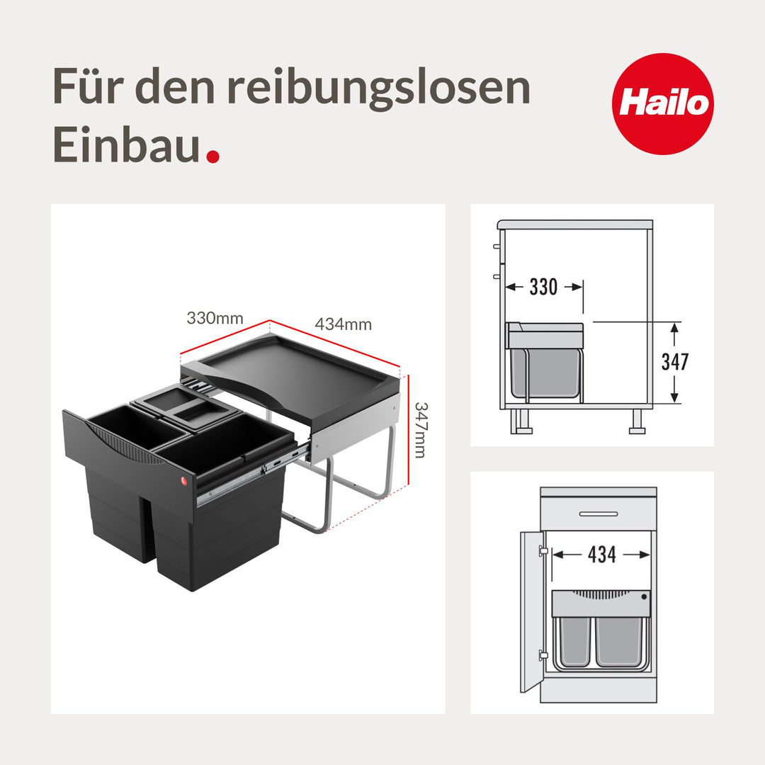 Hailo Abfallsammler 3644931 | 3fach Raumspar Tandem Mülltrennung | 2x 8 + 12L Inneneimer im Abfallau