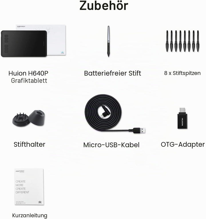 Huion H640P 8192 Drucksensitivität Grafiktablett mit batterielosem Stift und 6 anpassbaren Funktions