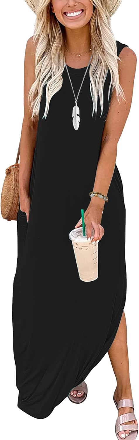 AUSELILY Maxikleider Damen Sommer Ärmellos Strandkleid Lang Sommer-Kleider M Schwarz, M Schwarz