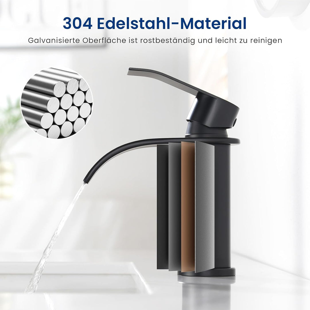 CECIPA Wasserhahn Bad Schwarz, Wasserfall Waschtischarmatur mit Auslauf Höhe 86 MM, Edelstahl Einhan