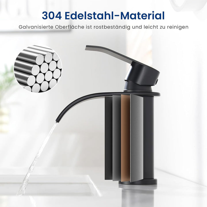 CECIPA Wasserhahn Bad Schwarz, Wasserfall Waschtischarmatur mit Auslauf Höhe 86 MM, Edelstahl Einhan