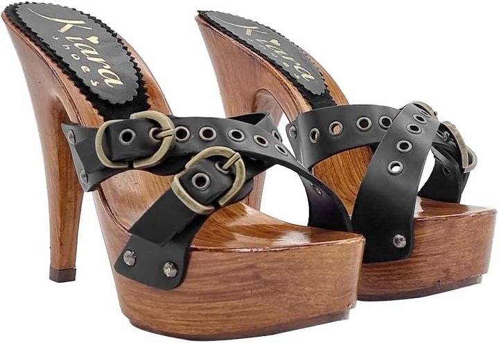 Kiara Shoes SCHWARZ Holzschuhe aus Leder - K9130 NERO (37 EU, SCHWARZ) 37 EU Schwarz, 37 EU Schwarz