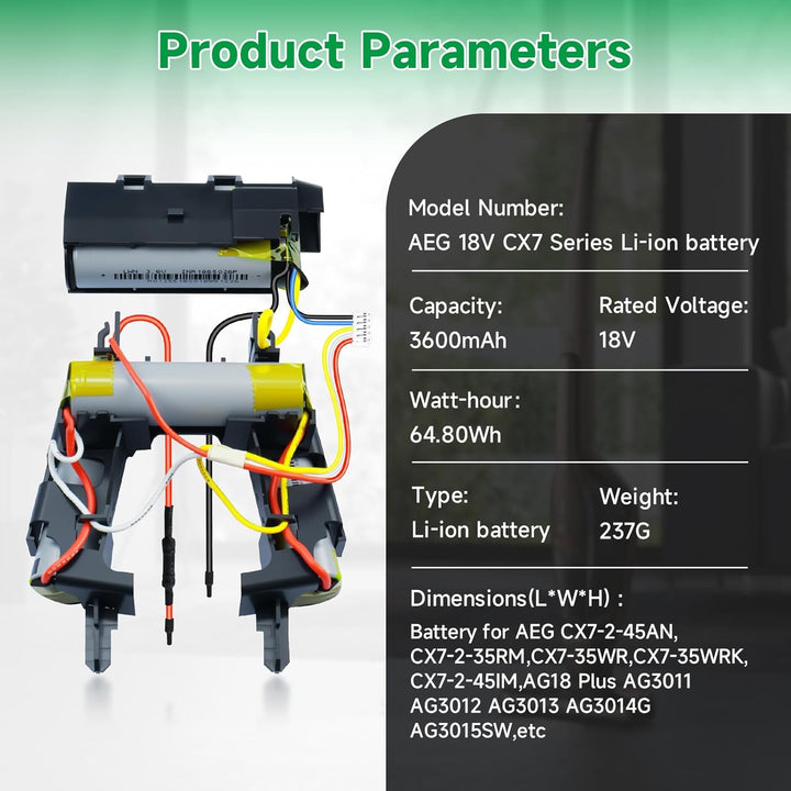 18V/3600mAh Akku für Electrolux AEG CX7, Kompatibel mit AEG CX7-2-45AN,CX7-2-45MÖ,CX7-2-35RM,CX7-35W