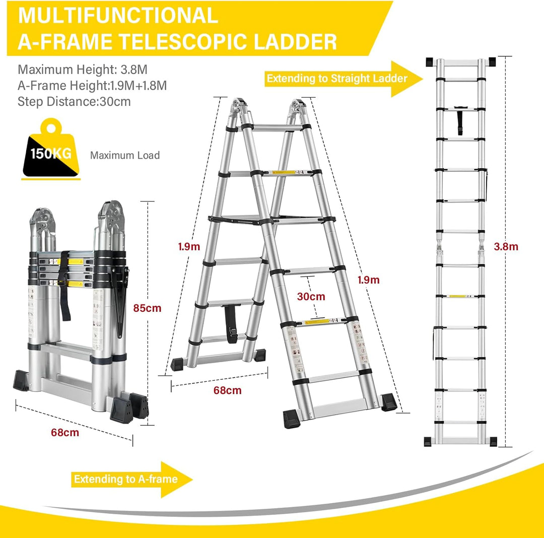 STANEW Teleskopleiter 3,8 m (1,9 + 1,9), Klappleiter, 2-in-1, Teleskopleiter aus Aluminium, Klapplei