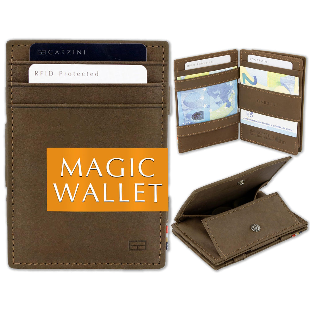 GARZINI Magic Wallet, RFID Geldbeutel für Herren aus echtem Leder für 7 Karten und Münzfach, Mini Ge