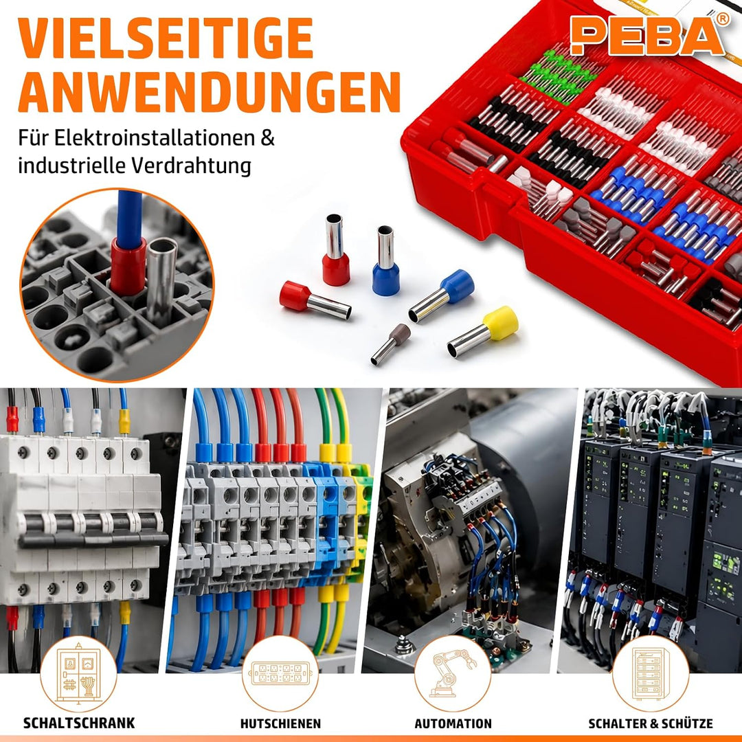 PEBA Vierkant Crimpzange Set mit 33 Grössen Aderendhülsen 0,25–10 mm² inkl. Twin Hülsen, selbstjusti