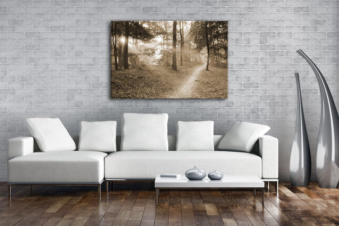 deyoli ruhiger Waldweg Format: 100x70 Effekt: Sepia als Leinwandbild, Motiv fertig gerahmt auf Echth
