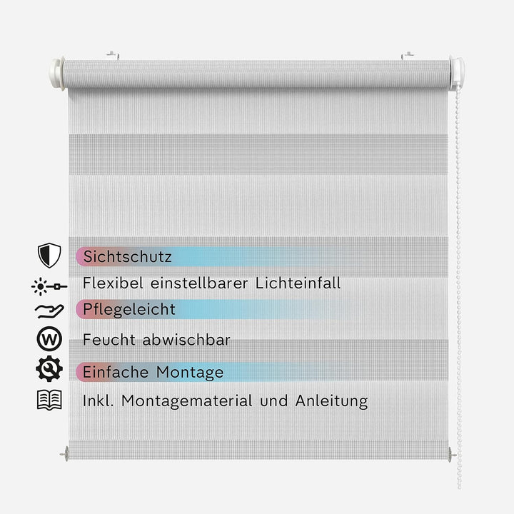 Rikmani Doppelrollo Fensterrollo ARD Duo-Rollo Klemmfixierung Zebrarollo Seitenzugrollo ohne Bohren,