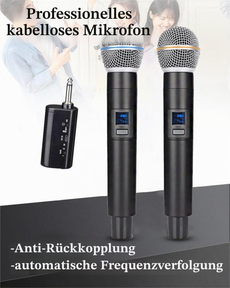 Kabelloses Mikrofon, Handmikrofon, Metall, kabelloses Handmikrofonsystem mit wiederaufladbarem Empfä