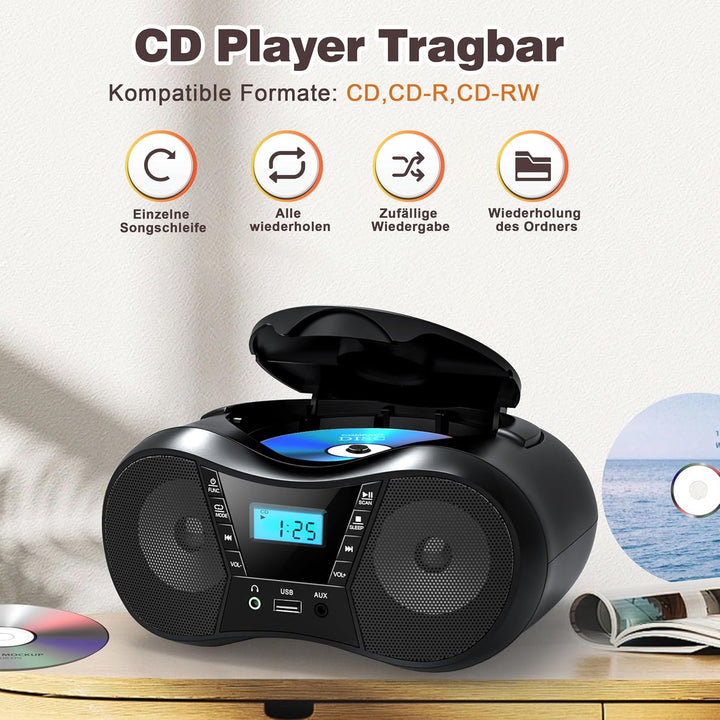 Greadio Tragbarer CD Player Bluetooth 5.1, Boombox Radio mit CD-Player, USB, AUX-In, Netz- und Batte