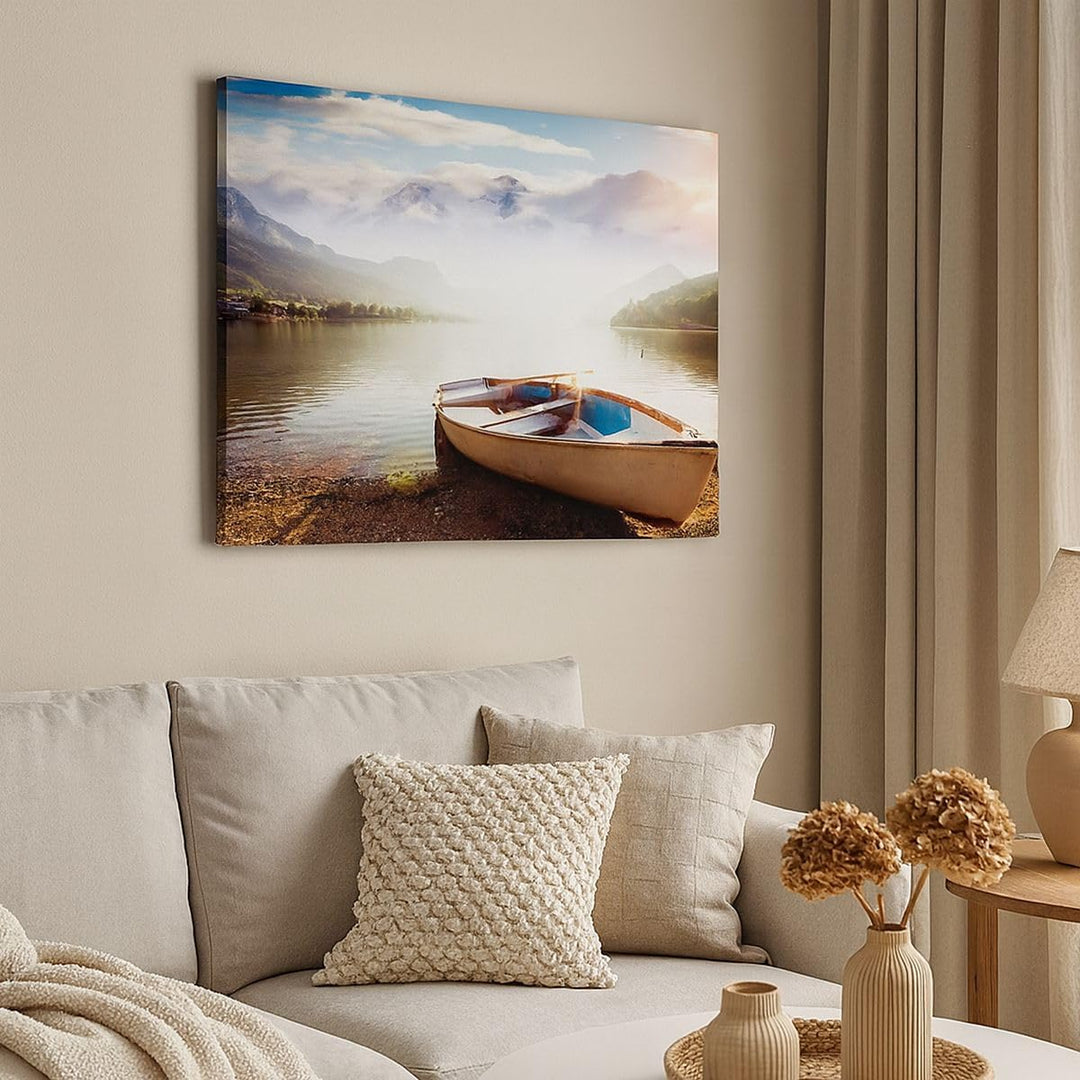 Bilder auf Leinwand 100x70cm Leinwandbild mit Rahmen Berge See Boot Gross Wanddeko Bild Schlafzimmer