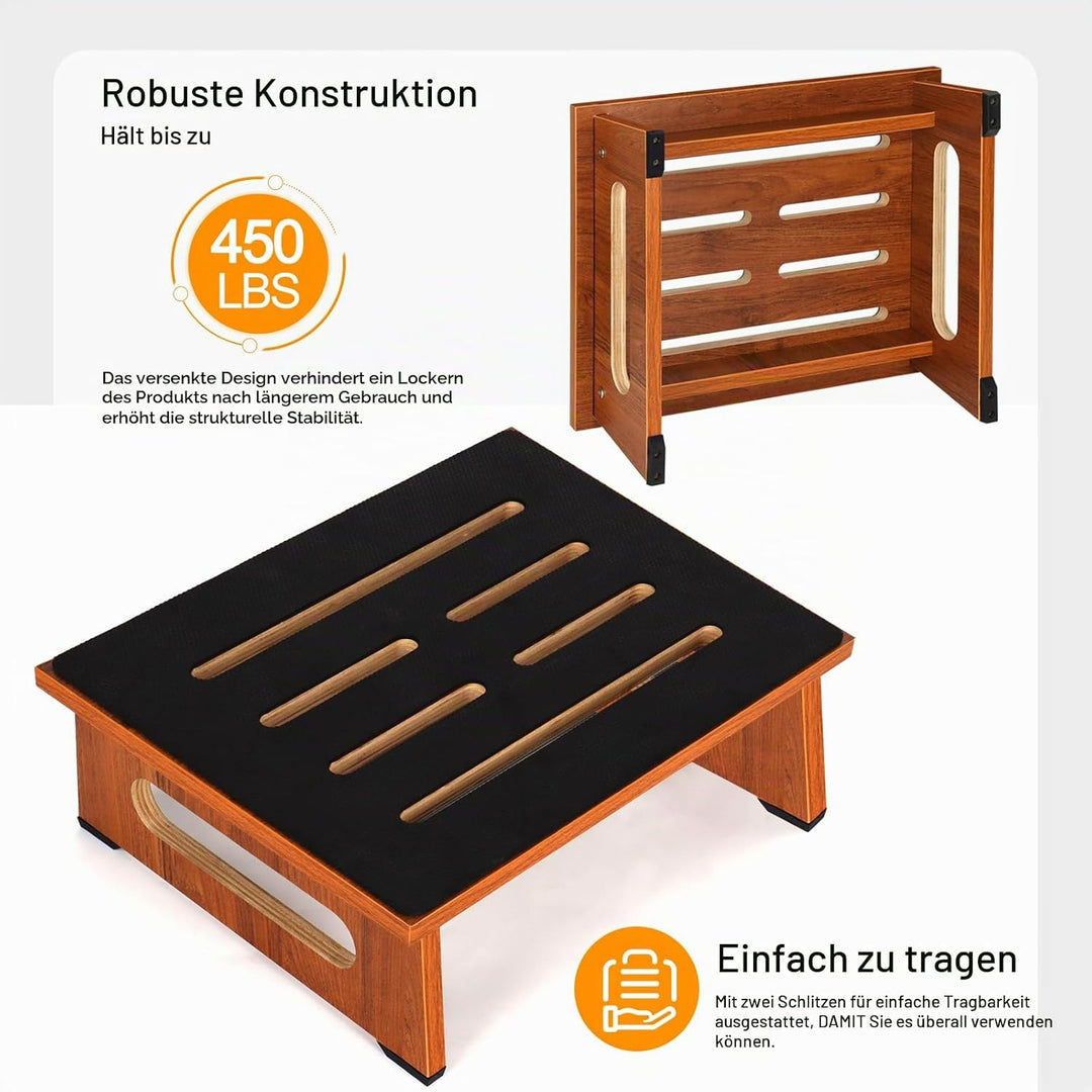 EIN hölzerner Tritthocker 14cm für Erwachsene und Senioren mit Rutschfester Gummiauflage, für drinne