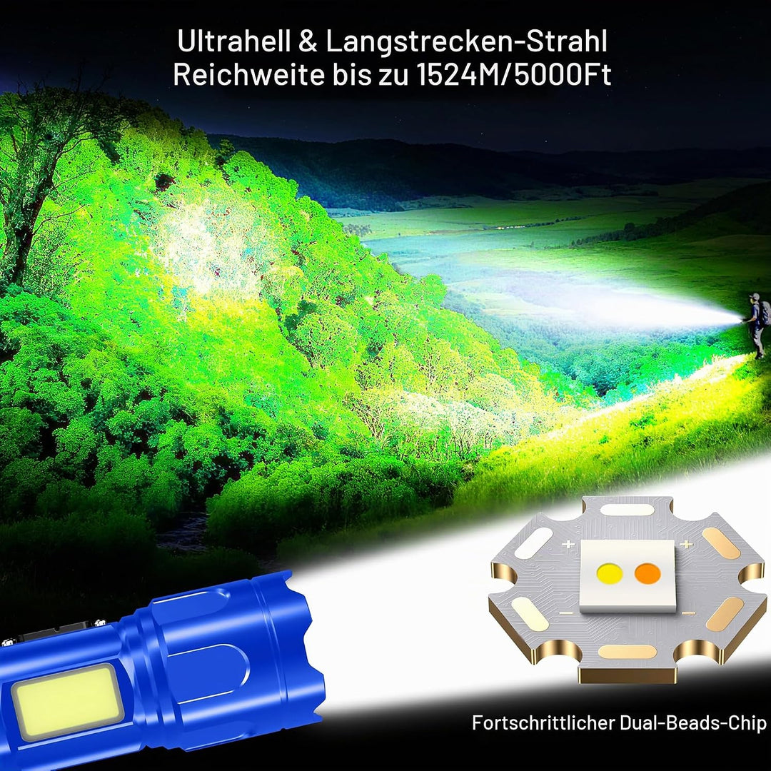 Blukar Taschenlampe LED 2 Farbtemperatur mit Hauptlicht &amp; Seitlich COB-Licht, Aufladbar Extrem Hell