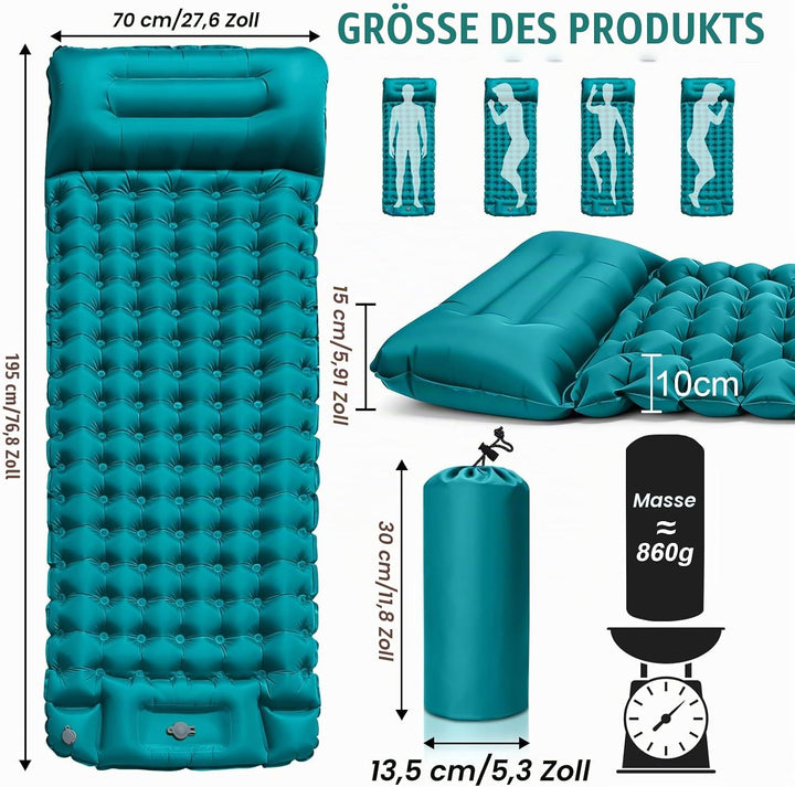 Isomatte Selbstaufblasend, wasserdichte Aufblasbare Schlafmatte mit Fusspumpe und Kissen, Ultraleich